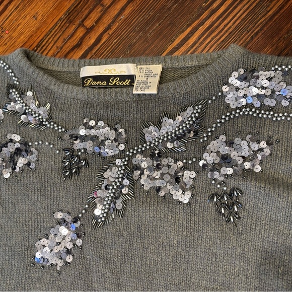 Dana Scott Silk Angora Rabbit Hair Lambswool Sequin Grey Crewneck Sweater Sz S - Picture 3 of 5